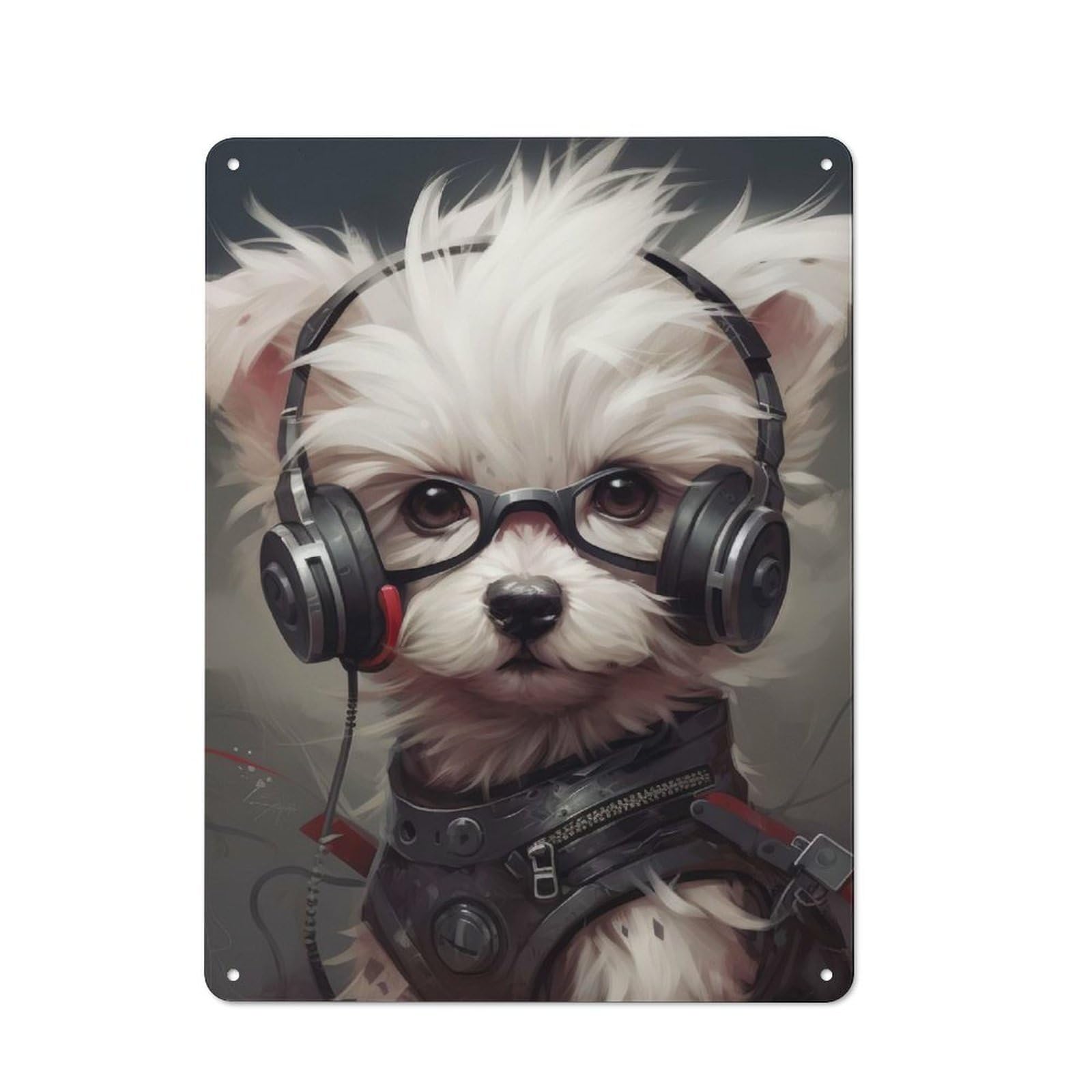 Junmoney Maltese Dog With Headphones Futuristic Pet A Vintage Tin Sign 40X30cm With Rt Dog With Headphones For Studio Or Craft Room, For Garage, Workshop And Man Cave Decoration