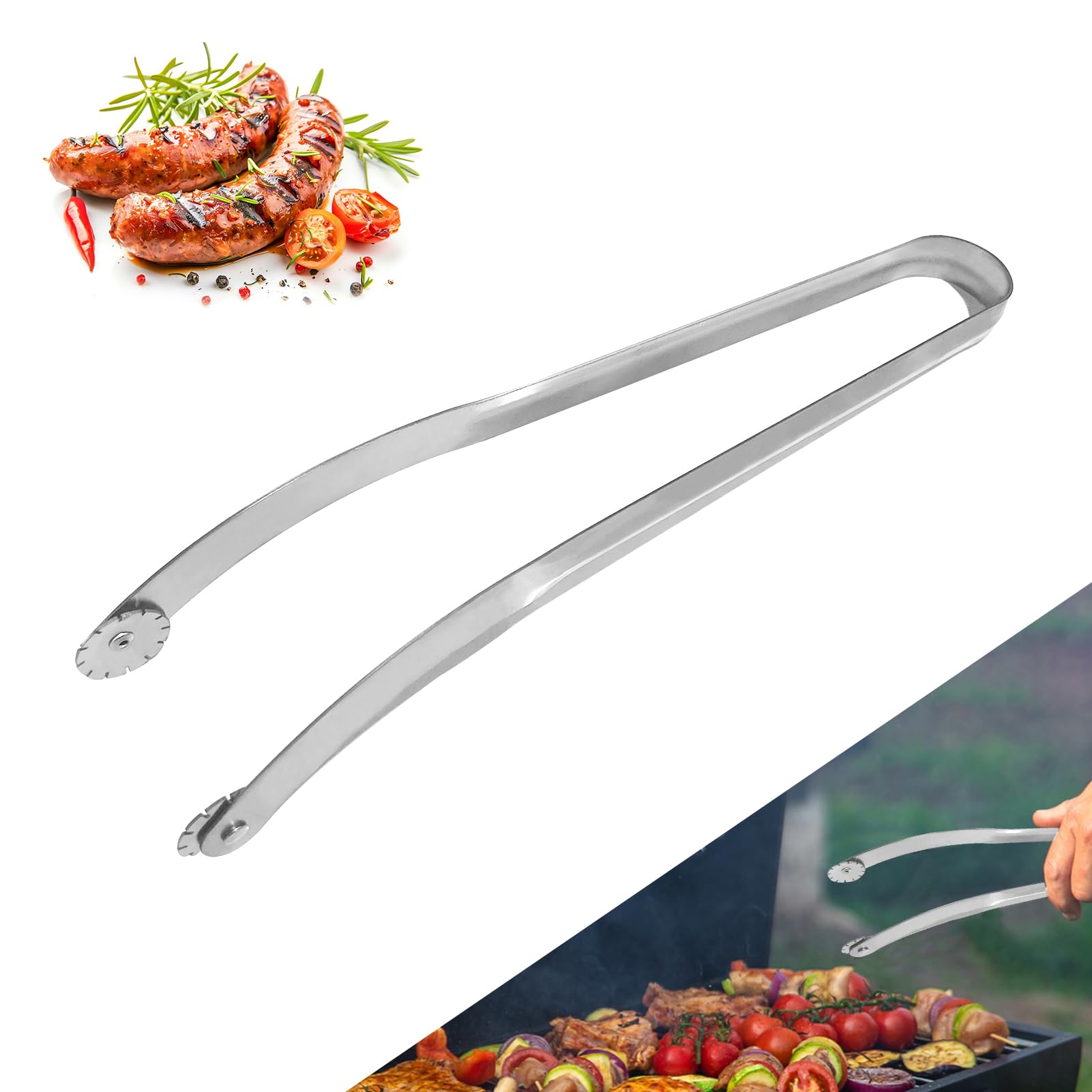 DHMCCXGD BBQ Sausage Turning Tongs for Cooking BBQ Turning Tongs with Wheels Hot Dog Turning Tong BBQ Tongs for Grill Barbecue Grilling Tongs for Turning Food, Onesize, Silver