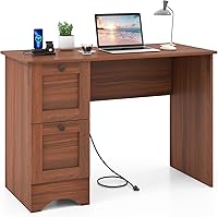 Vista 10 de Tangkula Escritorio para computadora con cajones y estación de carga, escritorio de madera para oficina en casa, escritorio para computadora Marrón