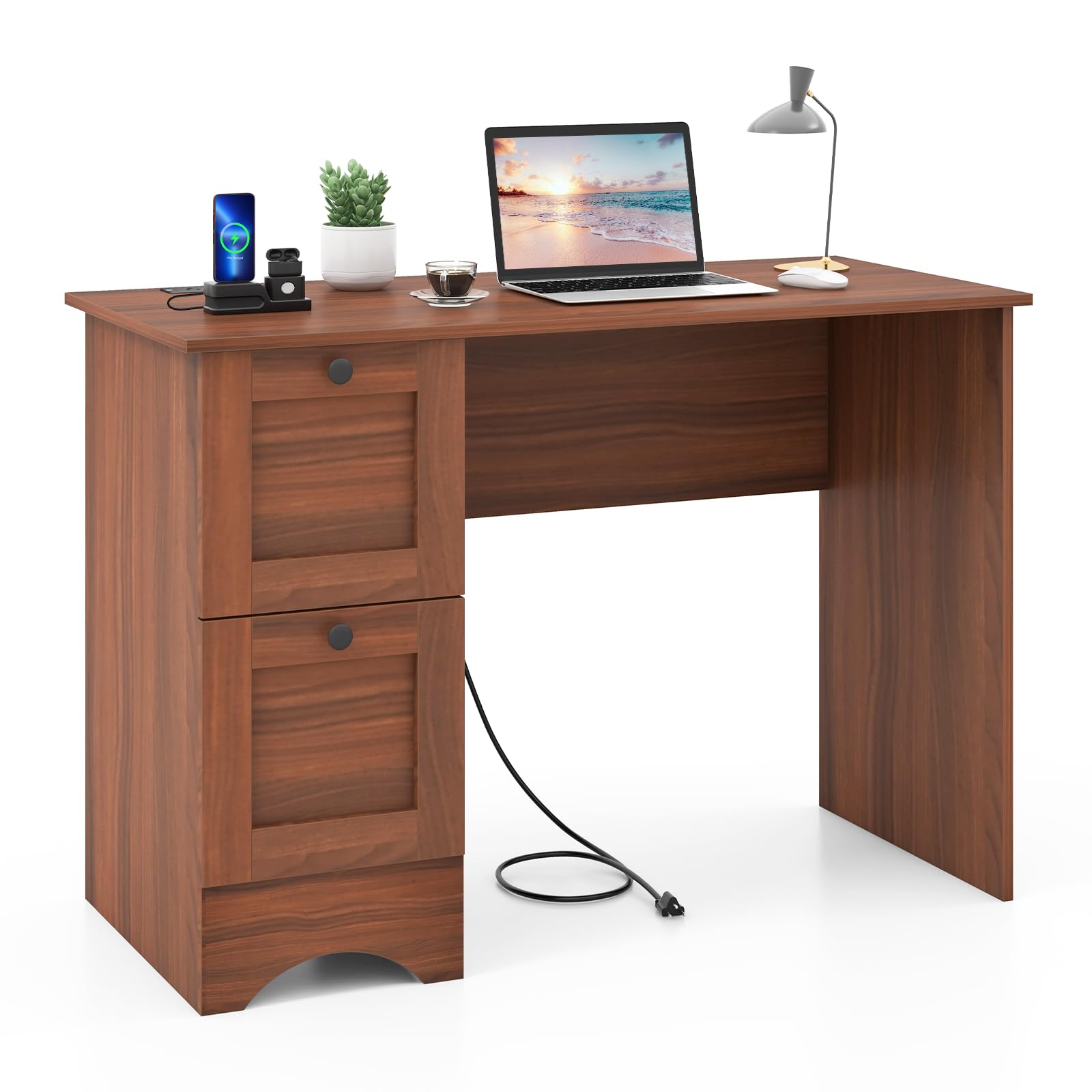 Tangkula Computer Desk with Drawers & Charging Station, Wooden Home Office Desk PC Laptop Notebook Desk, Compact Study Desk Writing Desk, Computer