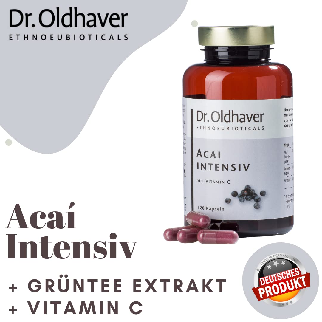 Dr. Oldhaver Acai Intensiv – Acai Beeren Kapseln Hochkonzentriert mit Grüntee Extrakt und Vitamin C (120 Stück), Frei von Gluten und Laktose, für den Energiestoffwechsel