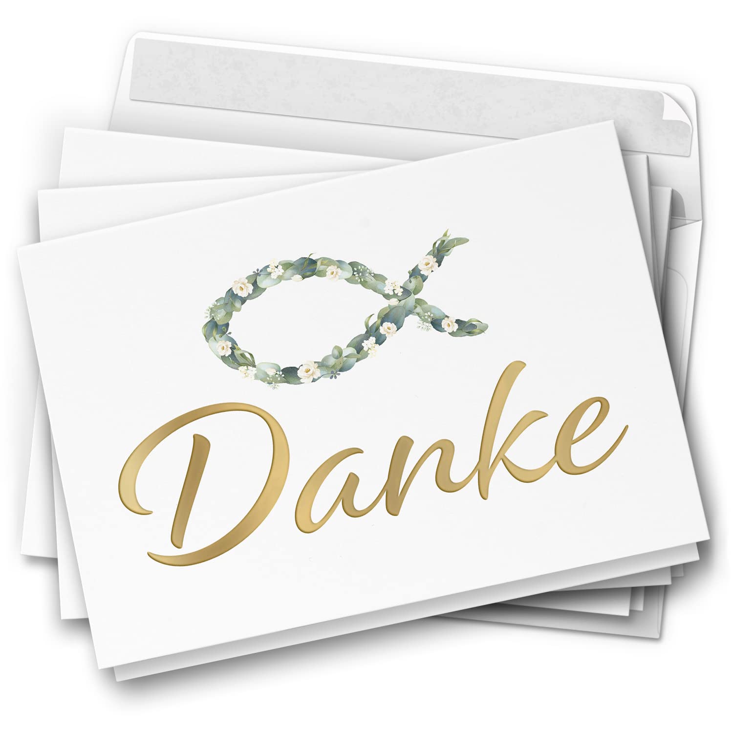 50 Dankeskarten kirchlich - Motiv Blätterfisch edel - moderne Klappkarten mit Umschlägen - Danke sagen nach Kommunion, Konfirmation, Taufe, Hochzeit
