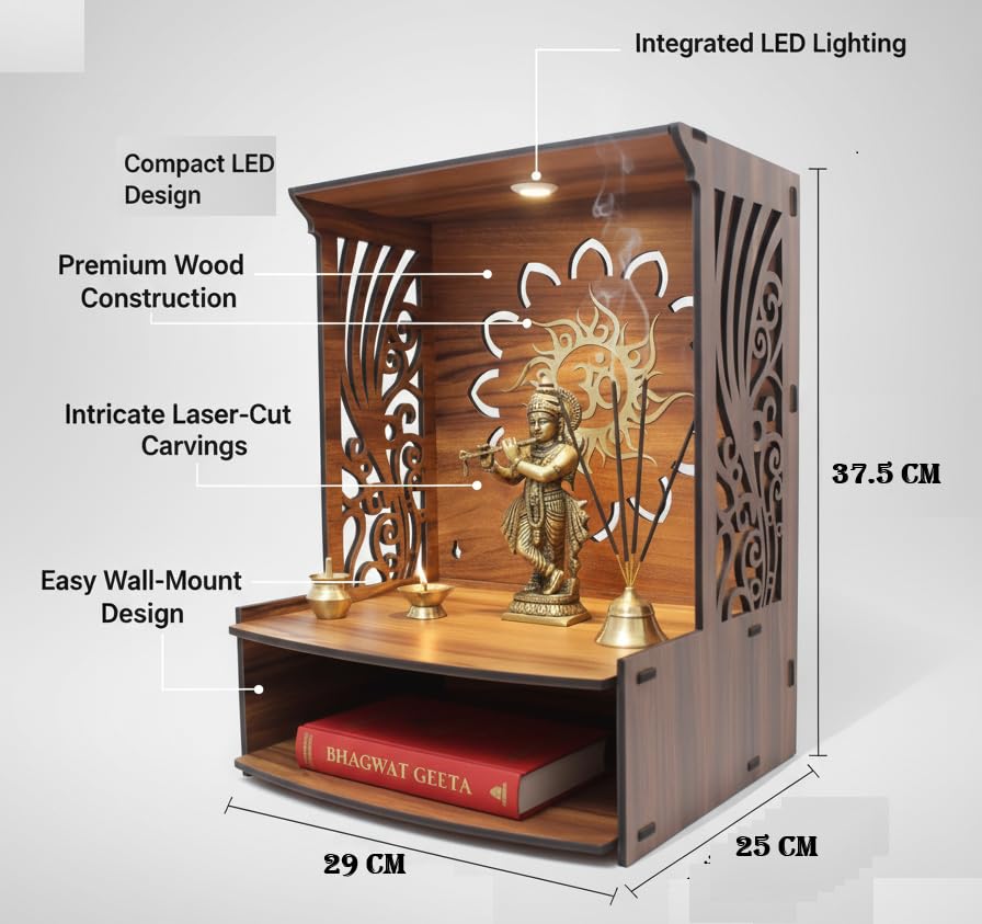 Image of Royal Walnut Finish Wooden Pooja Mandir | Wall Mounted Home Temple with LED Lights & Spacious Storage | Premium Handcrafted Puja Unit (37.5 * 29 * 25 CM) (Large) A2