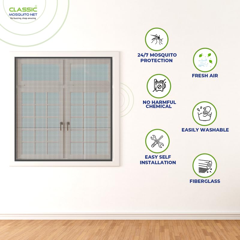 Image of Classic Mosquito Net for Windows | 90X180 cm | 120 GSM Fiberglass Mesh |Pre Stitched Window Net for Home | Self Adhesive Hook & Loop Easy Install | Protection from Mosquitoes & Insects |Grey