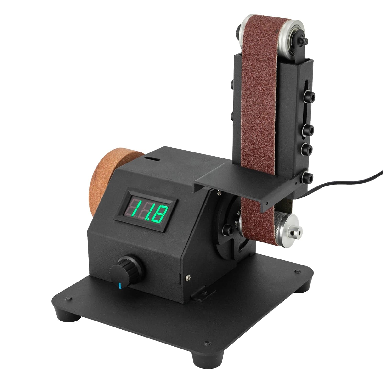 Mini-Bandschleifer, 350 W, multifunktional, Geschwindigkeit stufenlos verstellbar, 0 – 8500 U/min, verstellbarer Schleifarm, digitale Anzeige, mit 10 Schleifbändern