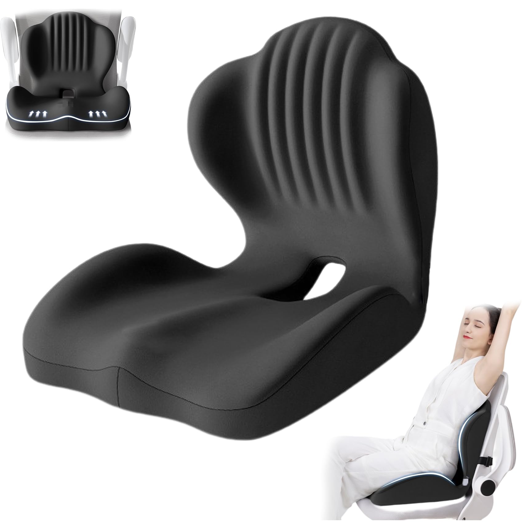 Cojín de espuma viscoelástica para asiento y respaldo para sillas de oficina y asientos de coche, comodidad ergonómica, alivio del dolor y ayuda a la postura (negro)