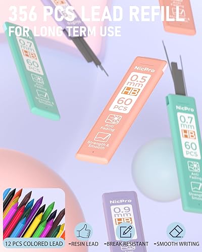 Miniatura 5 de Juego de 22 lápices mecánicos pastel en estuche, lápices de dibujo de 0.5, 0.7, 0.035 in, soportes para lápices de plomo de 0.079 pulgadas (0.079