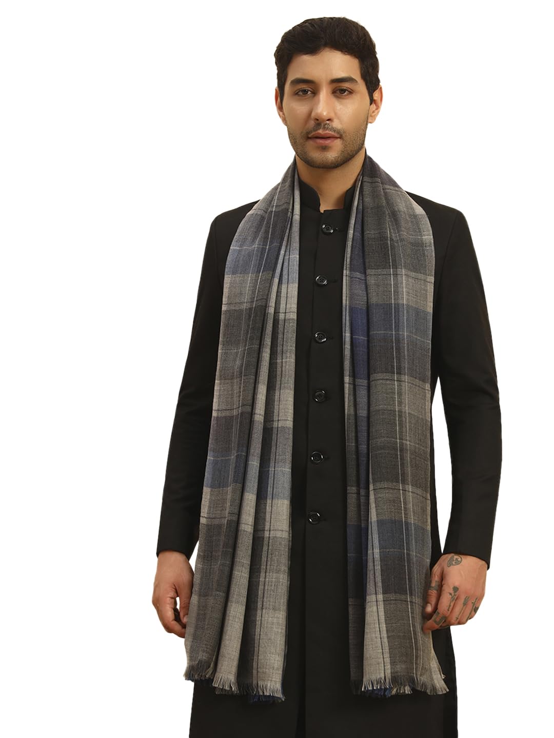 Men Modern Tartan 100% Pure Wool Checkered Stole, Shawl and Wrap, Sustainable and Natural Fabric, Heritage Kashmiri Pashmina Small SIZE, Shawl for Men (Size: 28X80 Inches)-image-32