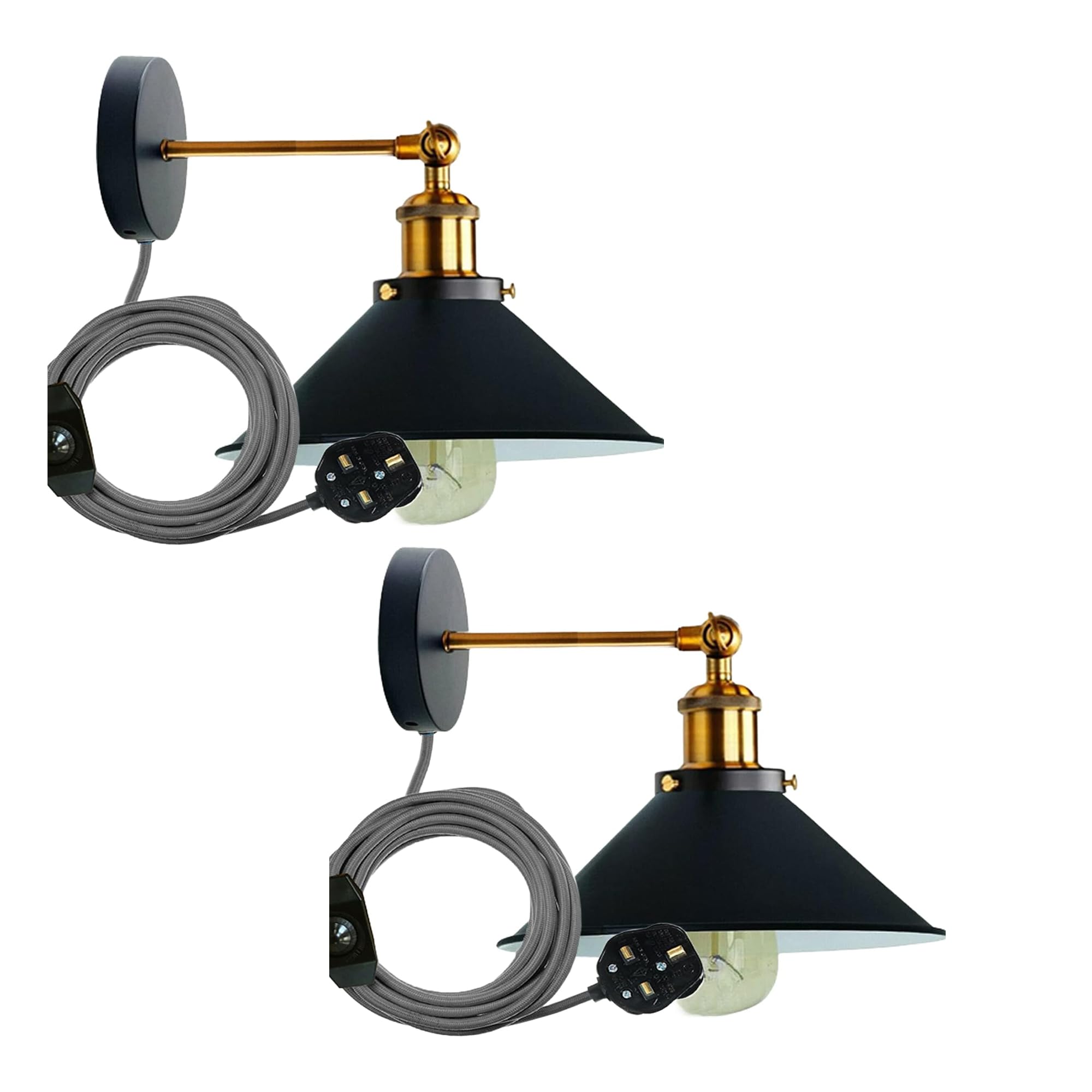 LEDSone 2 Pack of Retro Industrial Wall Light Plug-in Wall Lamp Metal Cone Shape Shade Indoor Light Fitting with Dimmer Switch for Bedroom Hallway Restaurants โ image 1