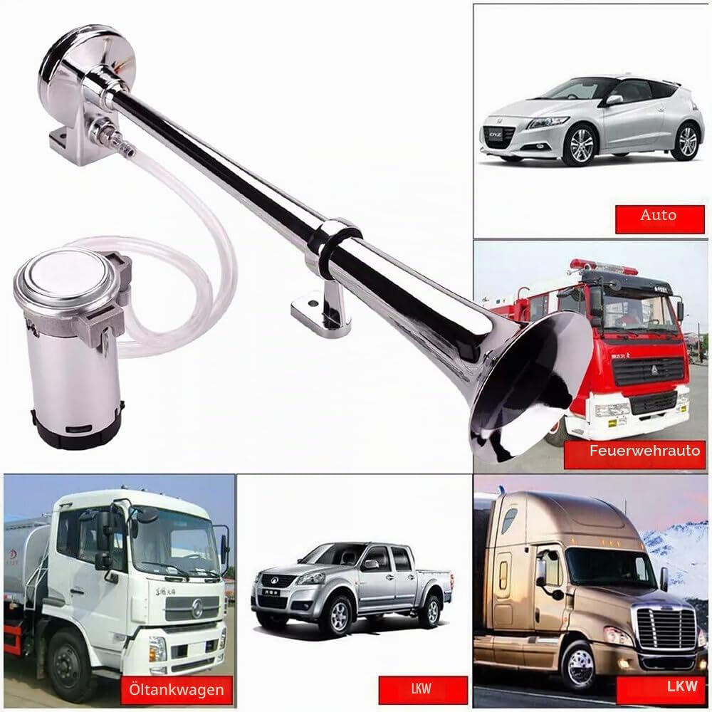 NEWFUN Druckluft Hupe 12v, Drucklufthorn 12v, Lkw Horn, Beschichtung durch kathodische Elektrophorese, für Auto Lkw Pkw Dreirad Boot Train usw (Bausatz mit Kompressor)