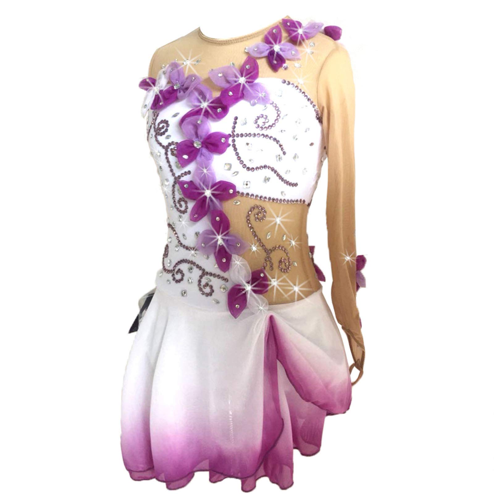 Vestido De Patinaje Artístico para Mujeres Y Niñas Vestido De Patinaje Cuello Redondo, Competición De Corativas para Niños,Pink-XS