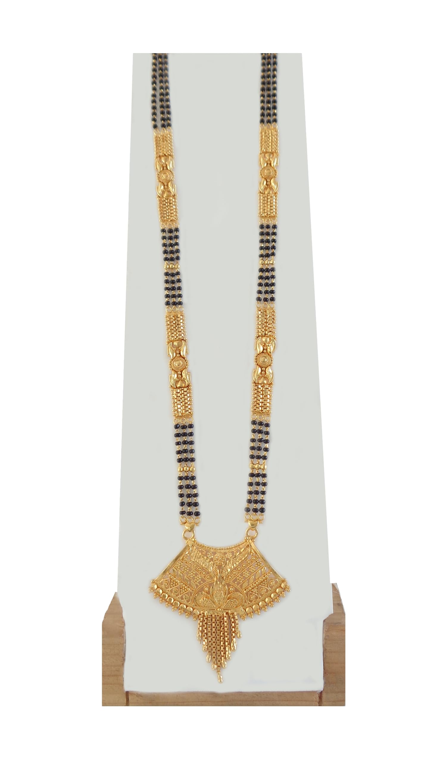 Designer Gold Plated Brass 28 Inch Long Chain Black Beads Mangal Sutra Tali/Tanmaniya/Nallapusalu/Mangalsutra for Women