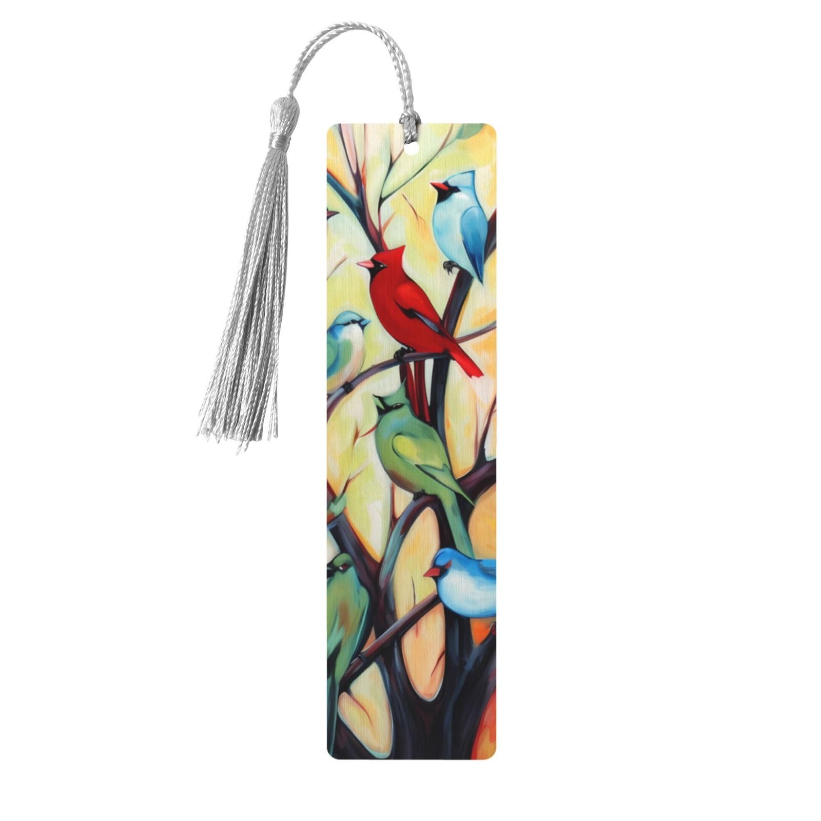 Colorful Tree Birds Double-Sided Print Colorful Tree Birds Bookmarks Wooden Book Marks with Gray Tassel, Autumn Fall Lightweight Page Markers Reading Accessories