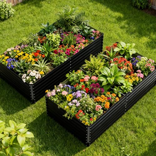 COMHOMA 2 Pack Raised Garden Bed 8x4x2ft Galvanized Metal Planter Box Kit for Outdoor Gardening Large Vegetable Flower Growing Beds with Gloves Tools Black