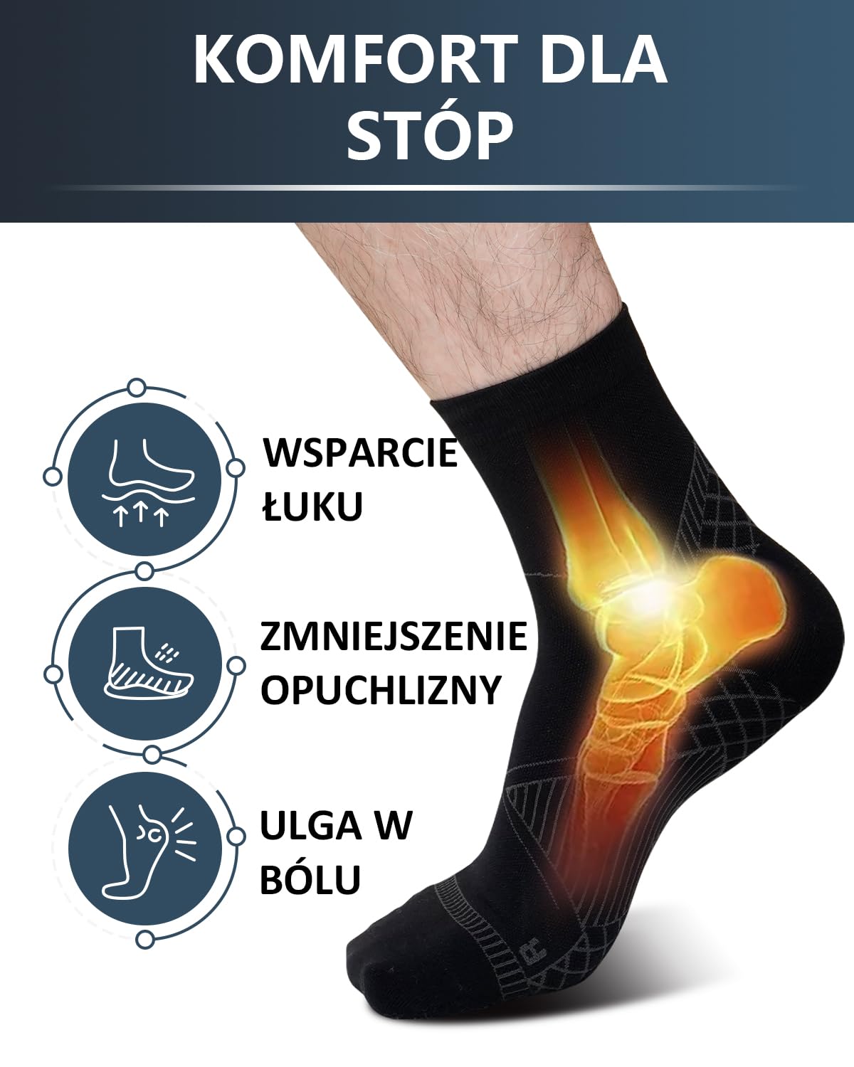 Skarpety Kompresyjne Mężczyźni Kobiety: Terapia Neuropatii i Plantarnego Zapalenia Powięzi, Skarpety wspierające piętę, łuk stopy i ścięgno Achillesa - 1 Para