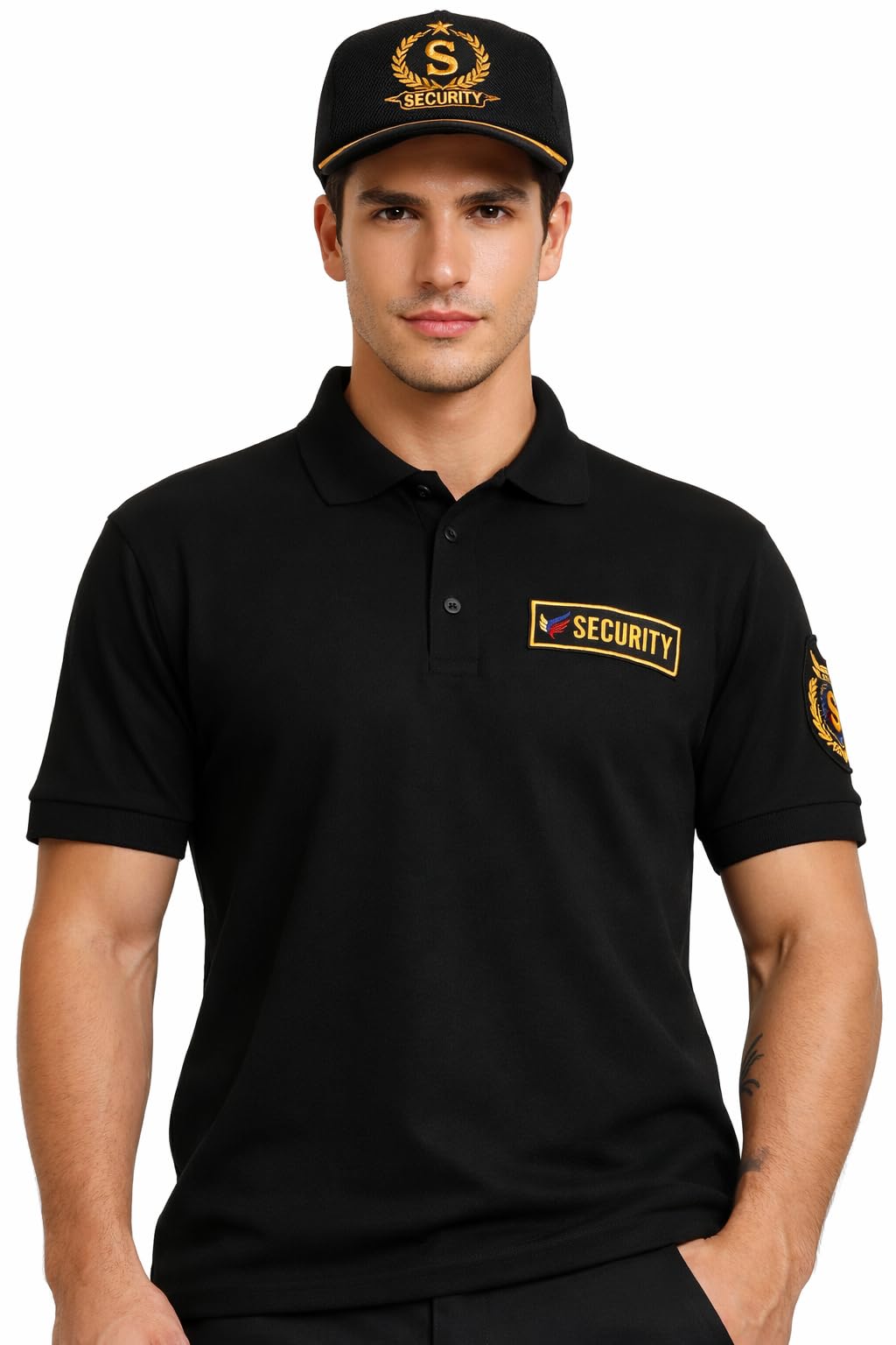 Security Guard Uniform Polo T-Shirt for Men, Black with Gold Embroidered Patches, Short Sleeve Professional Work Shirt (IN, Alpha, 3XL, Regular)