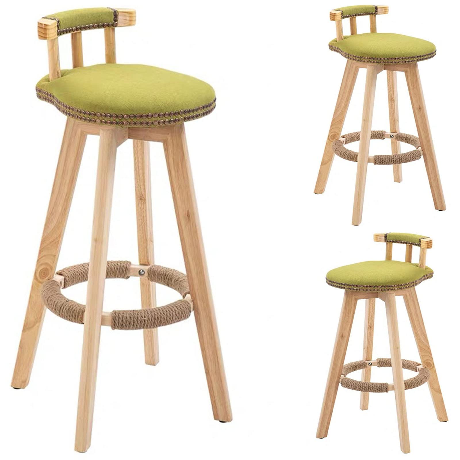 Tabouret de bar à la maison Chaises de salle à manger Tabourets hauts rotatifs Siège en coton et lin avec rivets métalliques Garniture et corde de chanvre Repose-pieds Tabourets de bar, 2 pièces