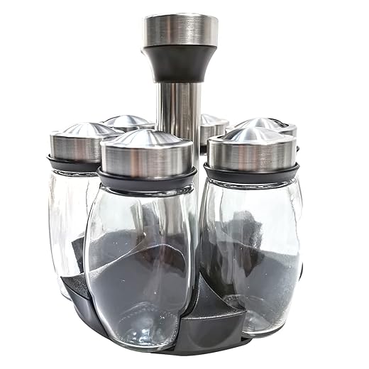 Autoly Rotary spice jar set of 6 Condiment Box Stainless Steel Salt Pot Glass Seasoning Tank Seasoning Bottle Suitable for Kitchen, dining room Etc