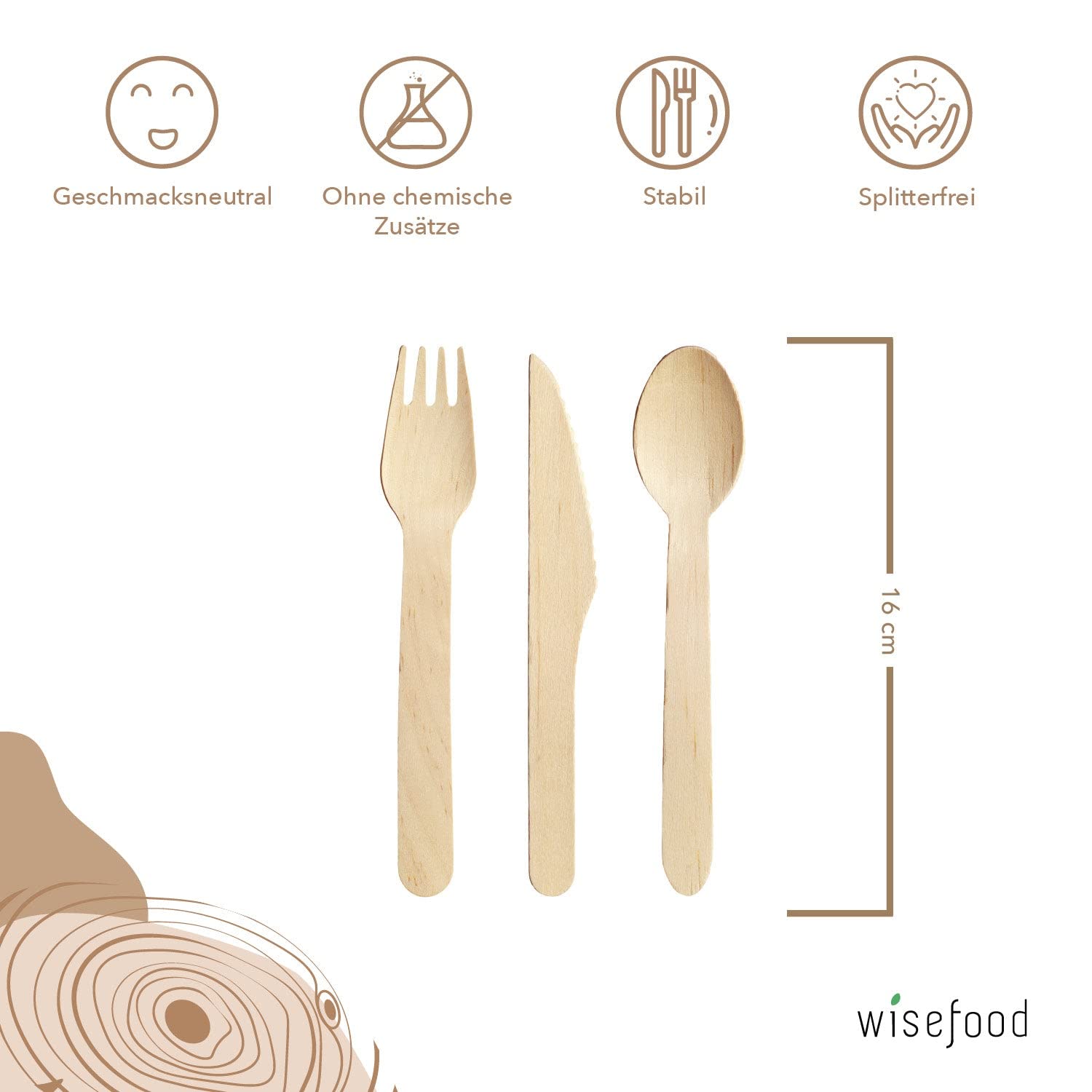 Wisefood - Set di posate monouso in legno di betulla, 100 forchette, 100 coltelli, 100 cucchiai in legno, set da 300 posate monouso da 16,5 cm, biodegradabili e infrangibili (10 pezzi)