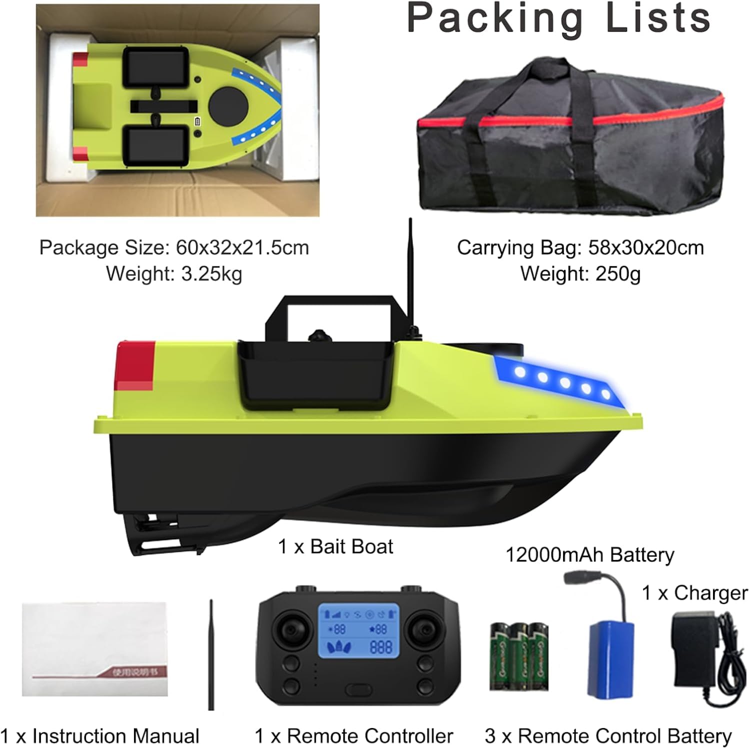 Barco de Cebo RC con GPS y Mando a Distancia de 500m, Doble Motor, Capacidad de Carga 2kg, Control de Crucero, Luces LED, 3 Tolvas, Pantalla LCD, Bolsa de Transporte, Casco ABS, 99 Puntos de Ruta
