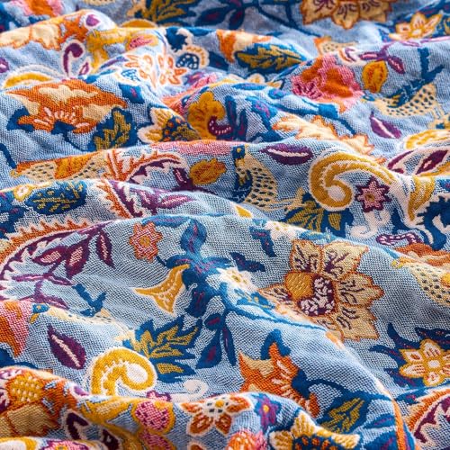 Image of XIBLC Boho Throw Blanket for Bed, 100% Cotton Soft Rustic Quilt Fall Blanket, 90 inchx98 inch Floral Printed Farmhouse Decor Bed Blankets, All Season Rustic Reversible Bohemian Throw Quilt