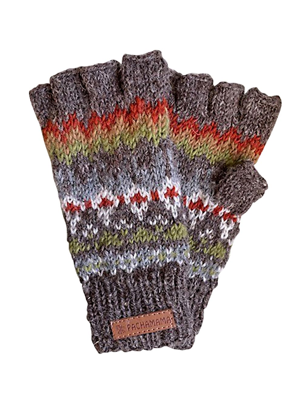 Pachamama Men 100% Wool Fingerless Gloves Handknitted Traditional Fairisle Pattern One Size Handmade Thermal Extra Warm Fair Trade (Earth, One Size)