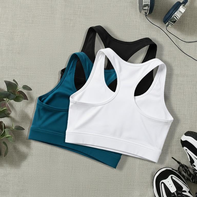Image of BOLD & BEAUTY Women Cotton Blend Sports Bra with U-Neck, Racerback Style and Regular Straps for Workout, Yoga & Training (Pack of 3)