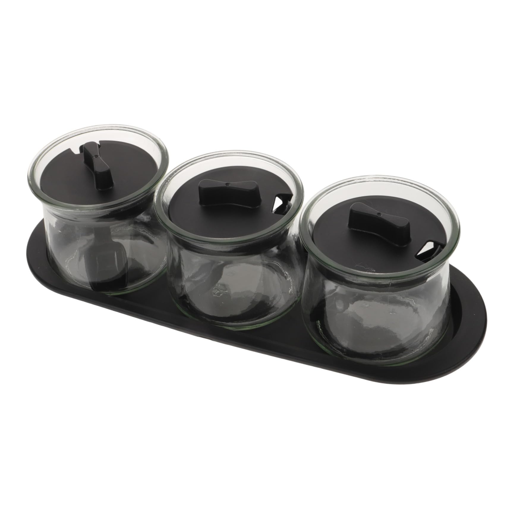 Sosoport Set 3 Barattoli di Spezie e Condimenti in Vetro Soda con Coperchio, Cucchiai e Vassoio, Contenitori Trasparenti per Cucina Organizzata e Conservazione Condimenti