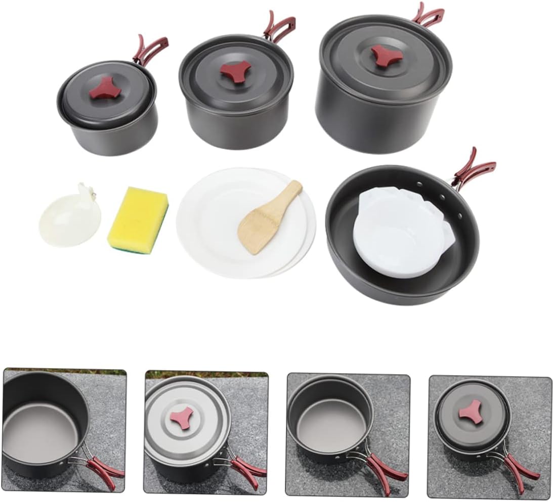 1Set Portable Camping Cookware Kit Folding Cooking Pots with Safety Handles for Outdoor Activities Lightweight Design for Hiking Backpacking and Picnics