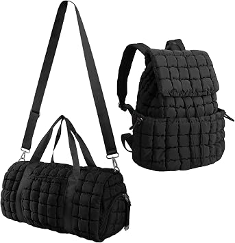 Quilted Travel Duffle Bag Gym Bag&Quilted Backpack Purse for Women,Large Puffer Duffle Weekender Bag Lightweight Puffer Puffy College Laptop Backpack with Compartment for Travel Gym AirplaneBlack