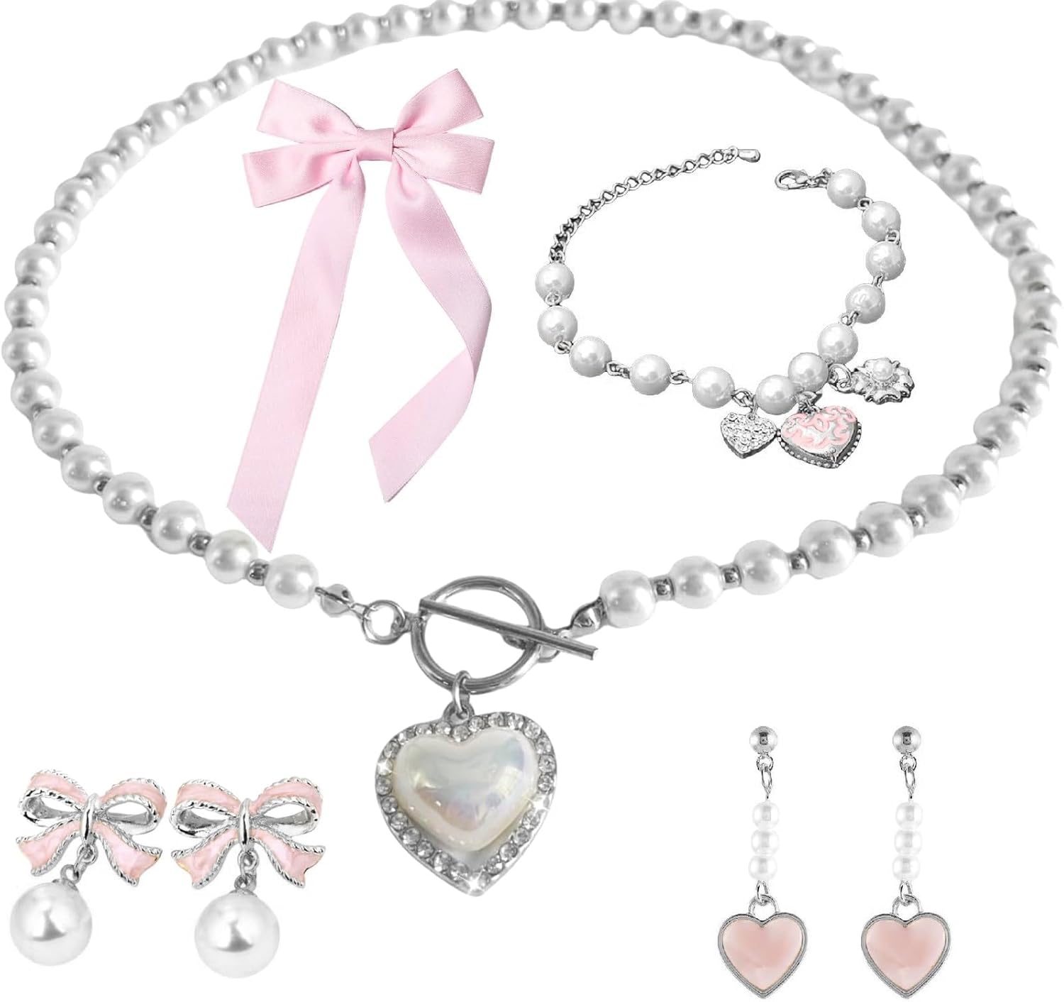Pearl Coquette Jewelry Set – Pearl Bow Earrings Pink Bows for Hair for Women Pearl Choker Necklace Coquette Accessories Trendy Gifts,Valentines Gift
