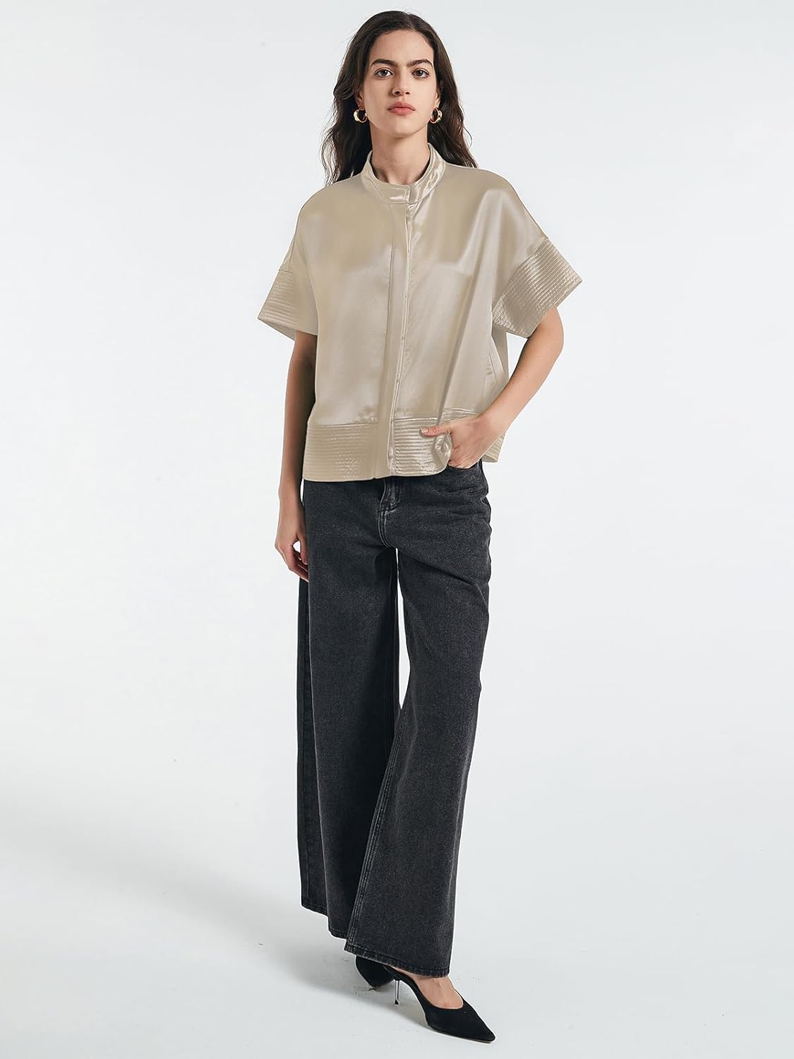 D-Sun Women's Casual Button Down Shirts Oversized Short Sleeve Stand Collar Tops Trendy Work Blouses - Image 7