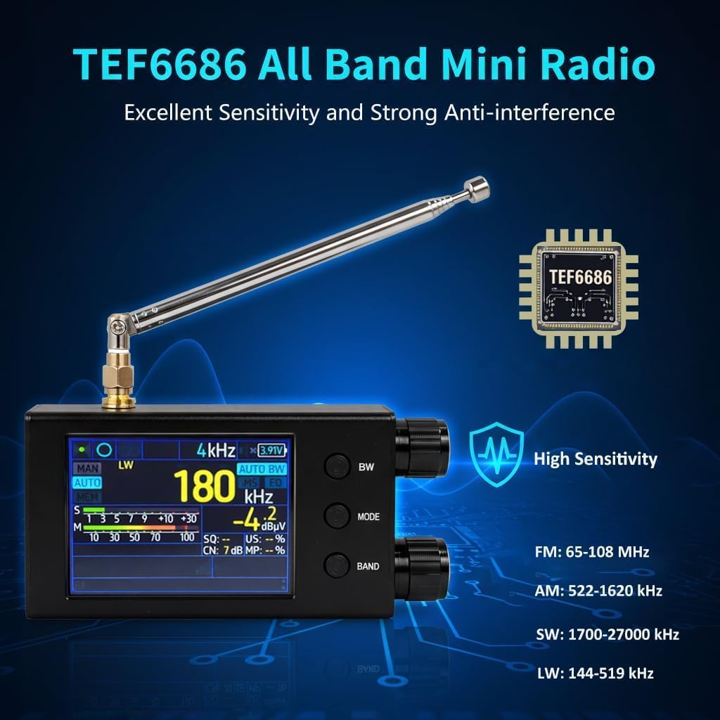 TEF6686 Full Band Radio Receiver 65 to 108MHz, Shortwave Pocket Radio CNC Aluminum Alloy, 2.8 Inch Touchscreen, for FMDX Remote Reception