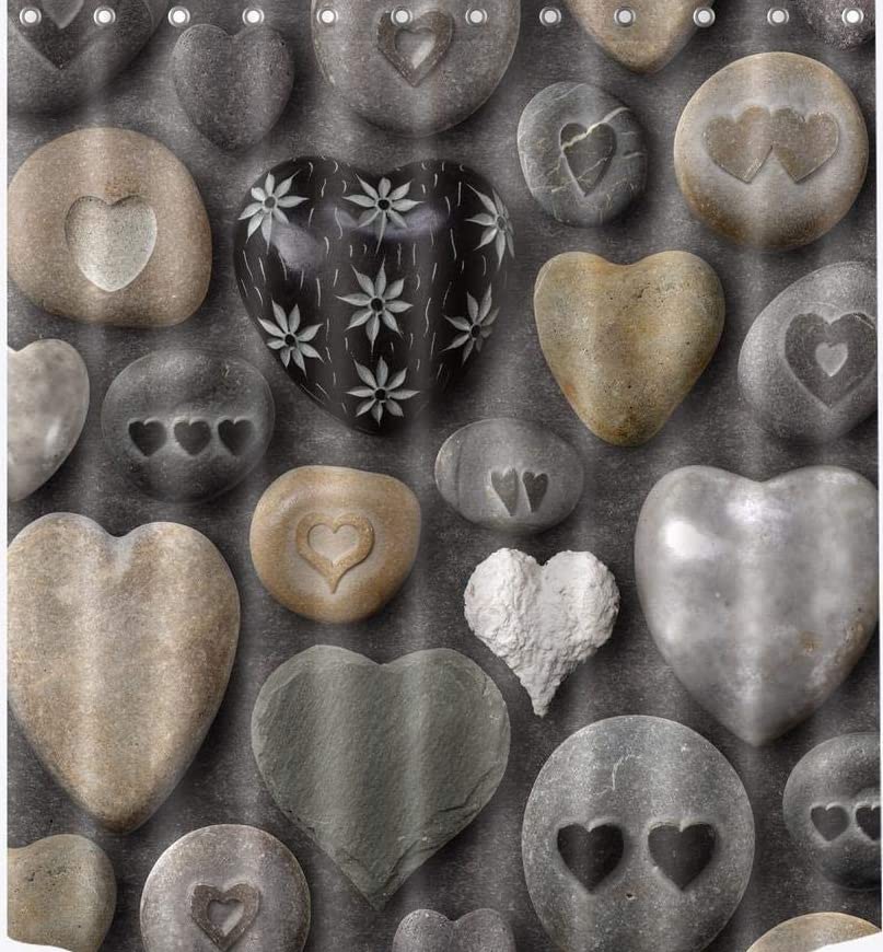 Love Shower Curtain Heart Shaped Pebbles,Grey Stone Bath Curtains with Hooks,Waterproof Anti Mould Polyester Fabric Bathroom Accessories 72Wx79H inch