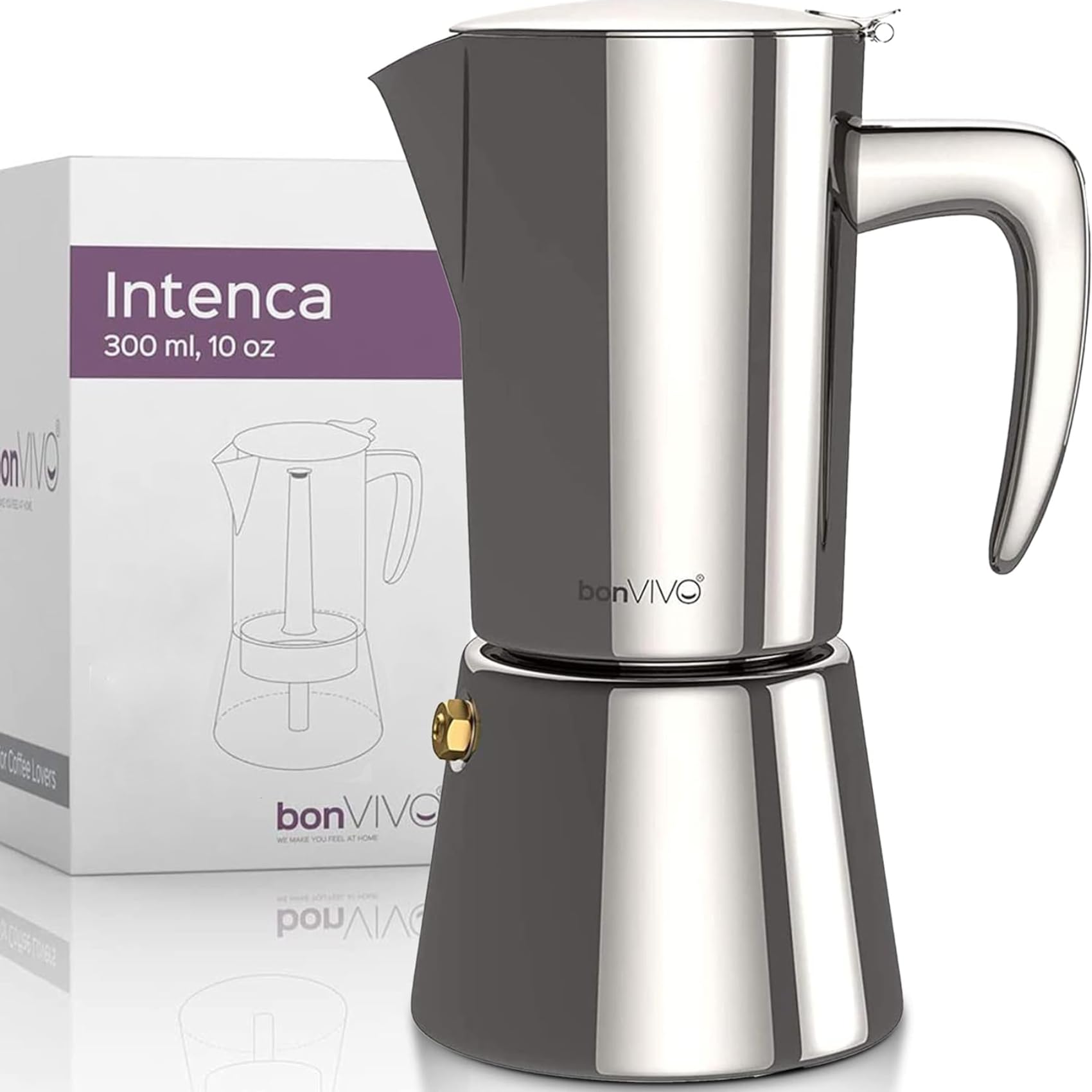 bonVIVO - Cafetière Italienne Inox Intenca pour Café Expresso Corsé en INOX Finition Argentée, pour 6 Tasses, Tous Feux Dont Induction, Cafetière Italienne pour l'induction