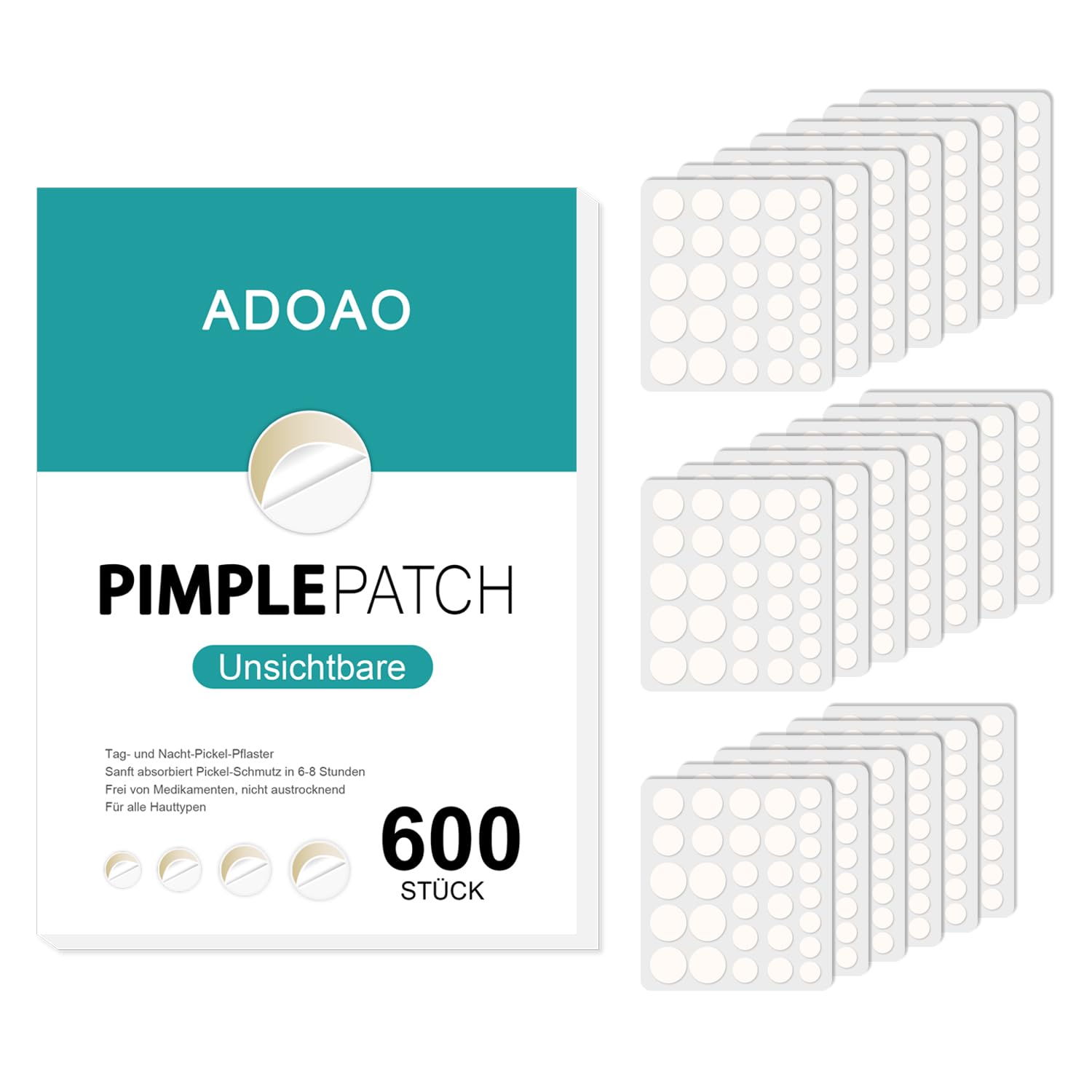 Pickel Pflaster,XL Hydrokolloid Pimple Patches,Anti Akne-Patch für Gesicht und Körper mit Teebaumöl, Salicylsäure Schnelle Heilung für Große Zit Breakouts an Kinn, Wangen, Rücken