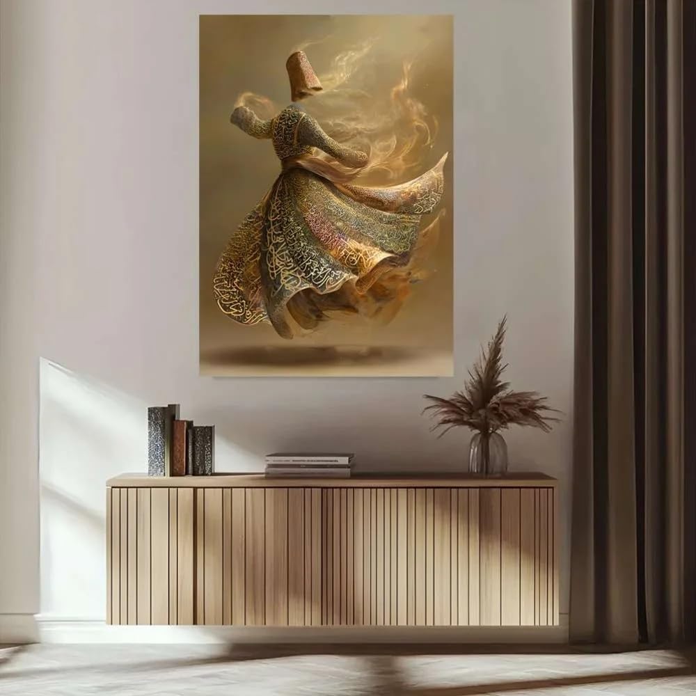 LTjiajuypd Image rotative unique d'un moine en robe calligraphique, toile murale avec motif islamique doré (70x110cm/sans cadre)