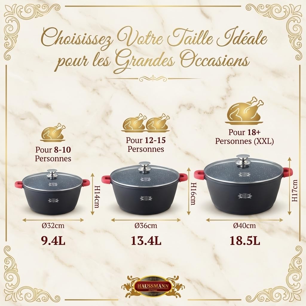 HAUSSMANN Heritage Marmite Faitout 32cm 9.4L – Fonte d'Aluminium Revêtement Pierre Antiadhésif – Compatible Induction & Four – Couvercle Verre & Poignées Silicone – Sans PFOA – Design Français