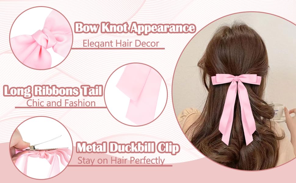 BOJVESH 12Pcs Silky Satin Hair Bows Clips, Slide Metal Clips with Long Tail, Solid Color French Barrette - Image 4