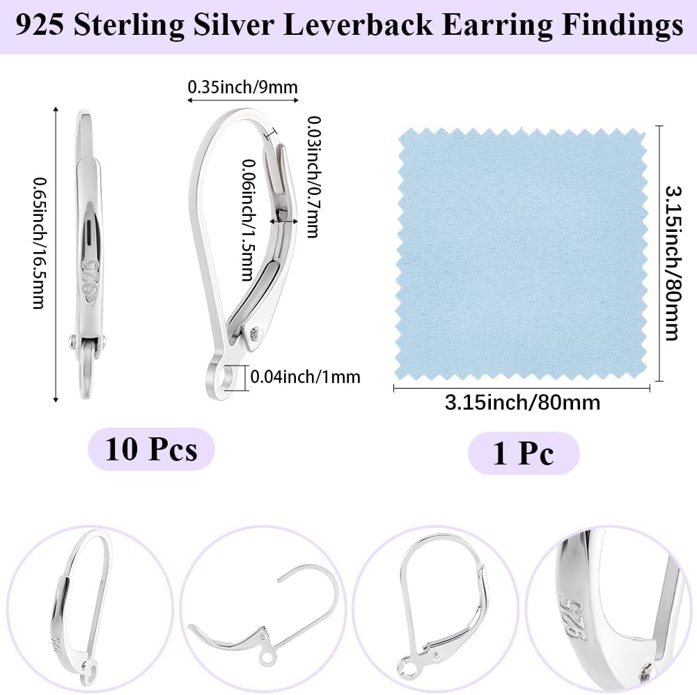 Beebeecraft 5 Pairs 925 Sterling Silver Leverback Earring Hooks 16.5 x 9mm French Earring Findings Ear Wire Clasp Clip with 925 Stamp & 1Pc Polishing Cloth for Jewelry Making
