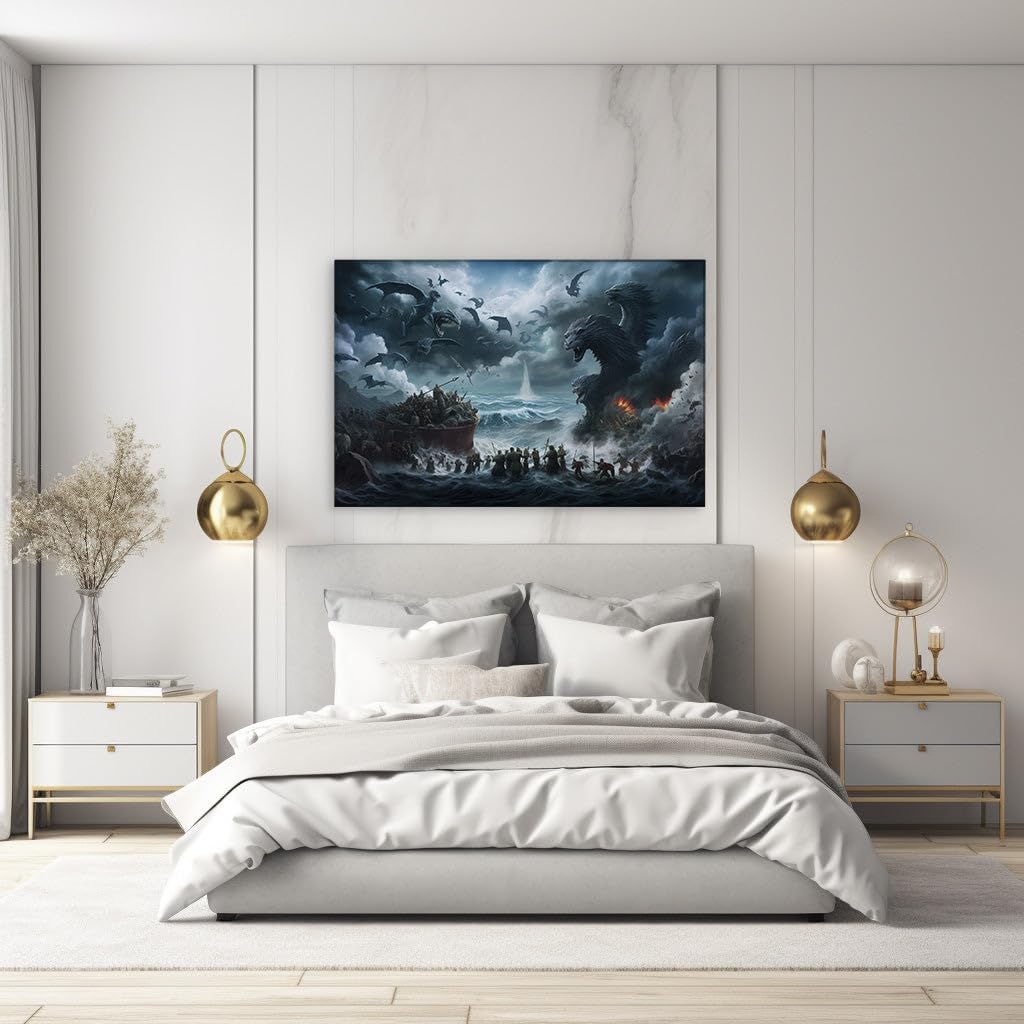 Canvas for Living room. Clash of the Titans: Swords and Spears Against Sea Dragons, 27 x 18 inch Canvas Wall Art - Modern Home Decor - 69x46 cm (27x18 inch)
