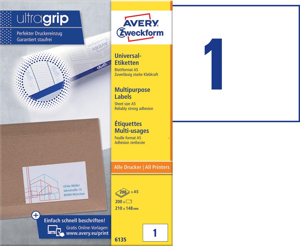 Avery Italia 6135 Etichette adesive bianche A5, 210x148mm, 1 etichetta per foglio