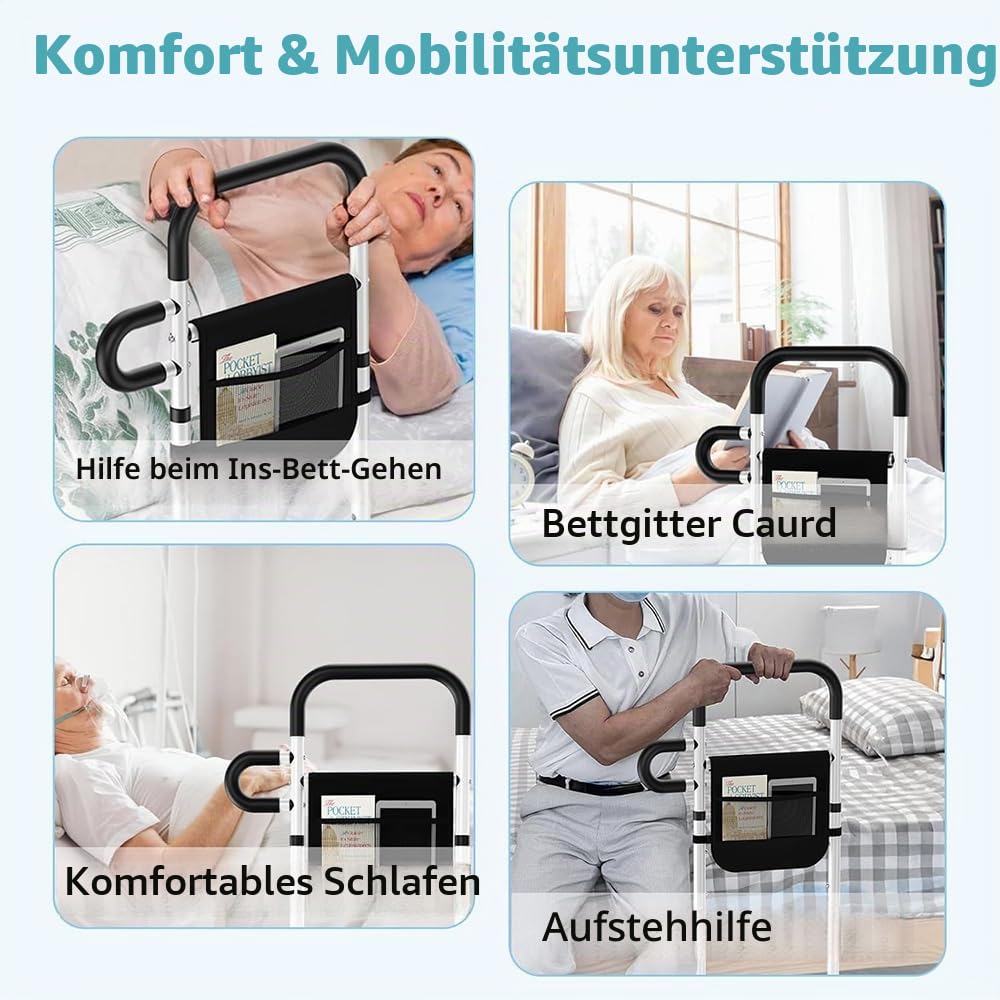 Bett Aufstehhilfe Für Senioren，Aufstehhilfen，Der Ältere Mensch Verwendet Ein Höhenverstellbares Bettseitengitter Mit Aufbewahrungstasche, Das Hilft, Stürze Zu Vermeiden Und Sicher Und Stabil Ist.