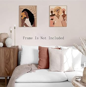 African American Woman Art,Modern Minimalist Black Woman Leaf Art Painting,Girl Wall Art Fashion Pop Boho Queen Girl Room Poster Painting Female Bathroom Bedroom Dressing Room Wall Home Decor,Set of 4