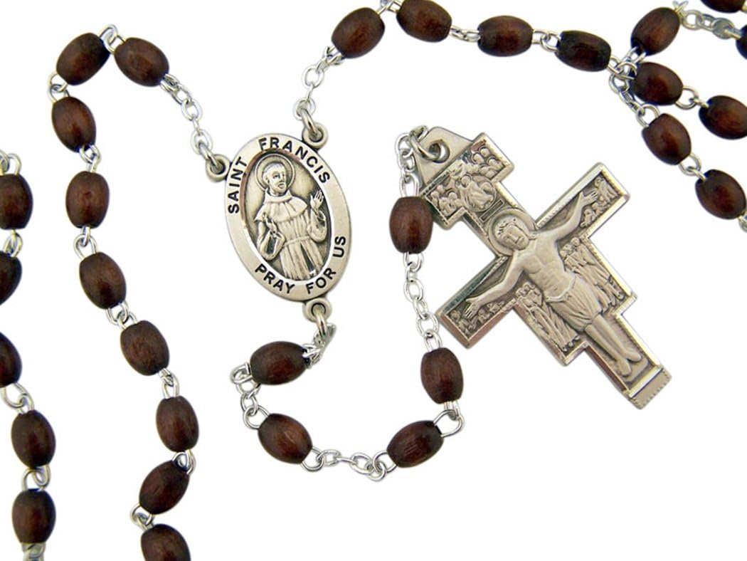 - HMHInc Boxwood Bead Saint Francis Rosary with Sterling Silver Center and Crucifix, 21 Inch