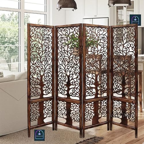 Image of Wooden Room Partition /Screen /Room Divider /Room Separator Traditional Handicrafts 6Ft (Dark Brown) (Tree 4 Panel)