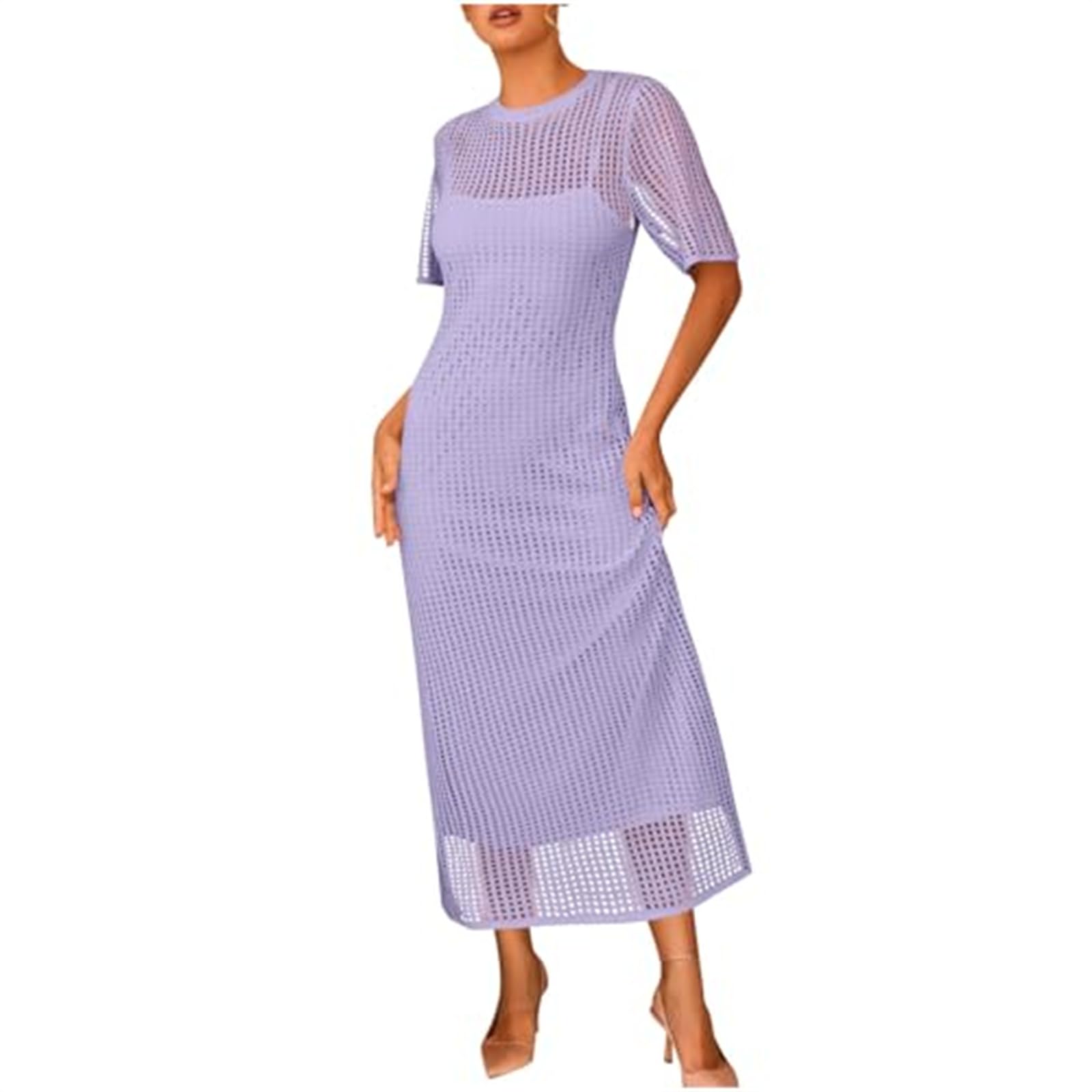 Generisch Elegante maxi abito a due strati in maglia con motivo bucato, maxi abito all'uncinetto, design Hollow-Out, copricostume, con sottoveste