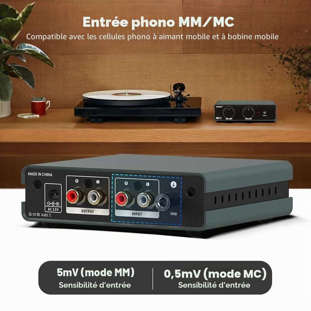 AIYIMA T3PRO MM/MC RIAA Phono Preamp pour platine vinyle/lecteur de disque vinyle/amplificateur domestique,Préamplificateur phonographique professionnel avec réglage du gain et du volume