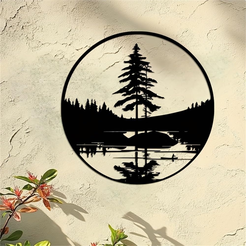 Decoración de pared abstracta contemporánea de metal, escultura de lago y bosque, 40 cm/15,75 pulgadas, arte paisajístico moderno inspirado en la naturaleza para interiores y exteriores, patio y