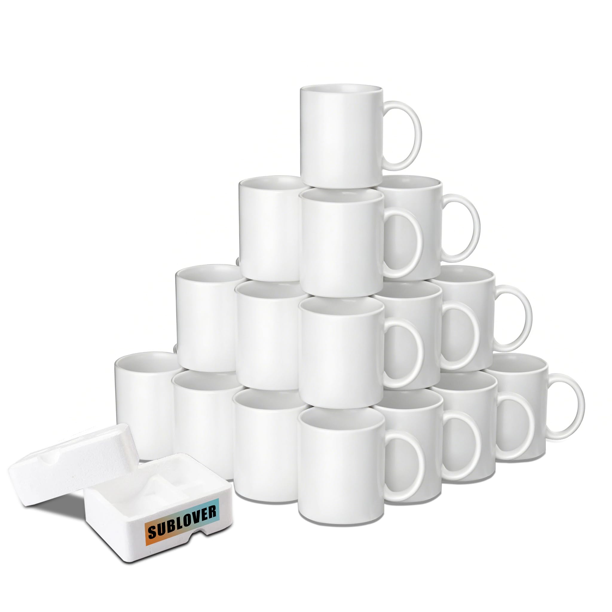 SUBLOVER Juego de 24 tazas de cerámica blancas para sublimación, tazas de café de 325 ml, tazas de sublimación a granel para Navidad para máquina de prensa de tazas